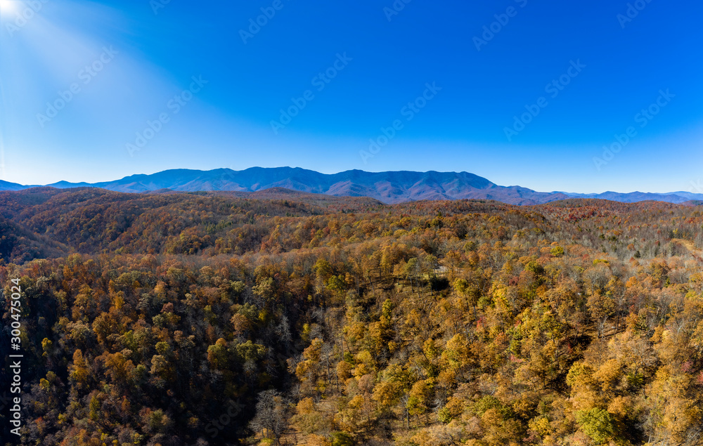 aerial panorama view of 9 images of western north carolina mountains during the Fall