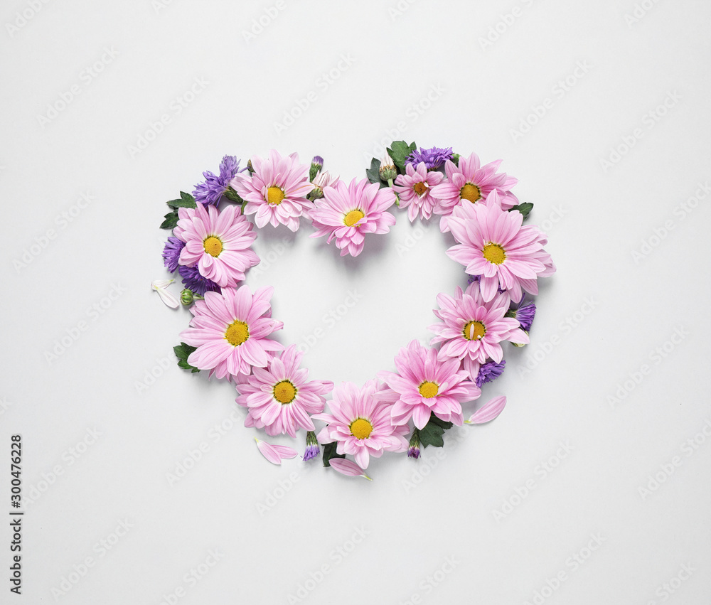 Heart shaped frame made of beautiful chamomile flowers on white background, top view. Space for text