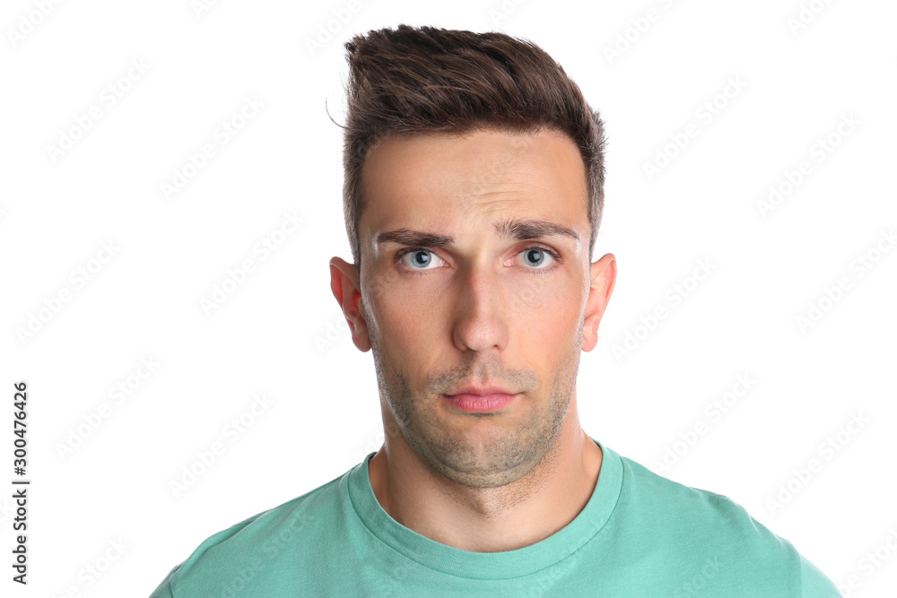 Fototapeta premium Young man with double chin on white background