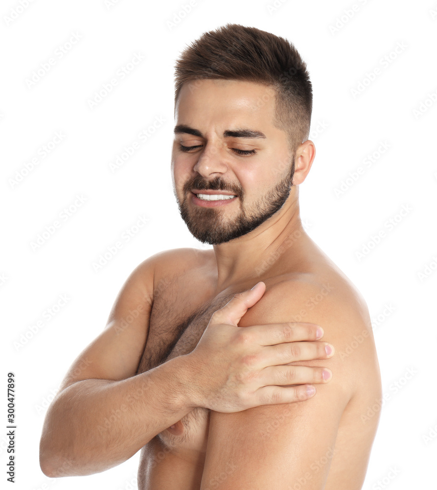 Man suffering from shoulder pain on white background Man suffering from shoulder pain on white background