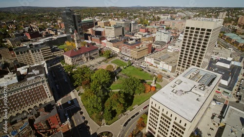 Worcester Massachusetts Aerial v7 Panning birdseye to wide of downtown cityscape from near Worcester Common - October 2017 photo