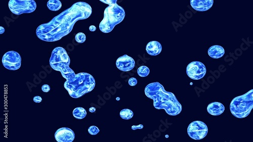 many flying transparent blue water drops in imponderability