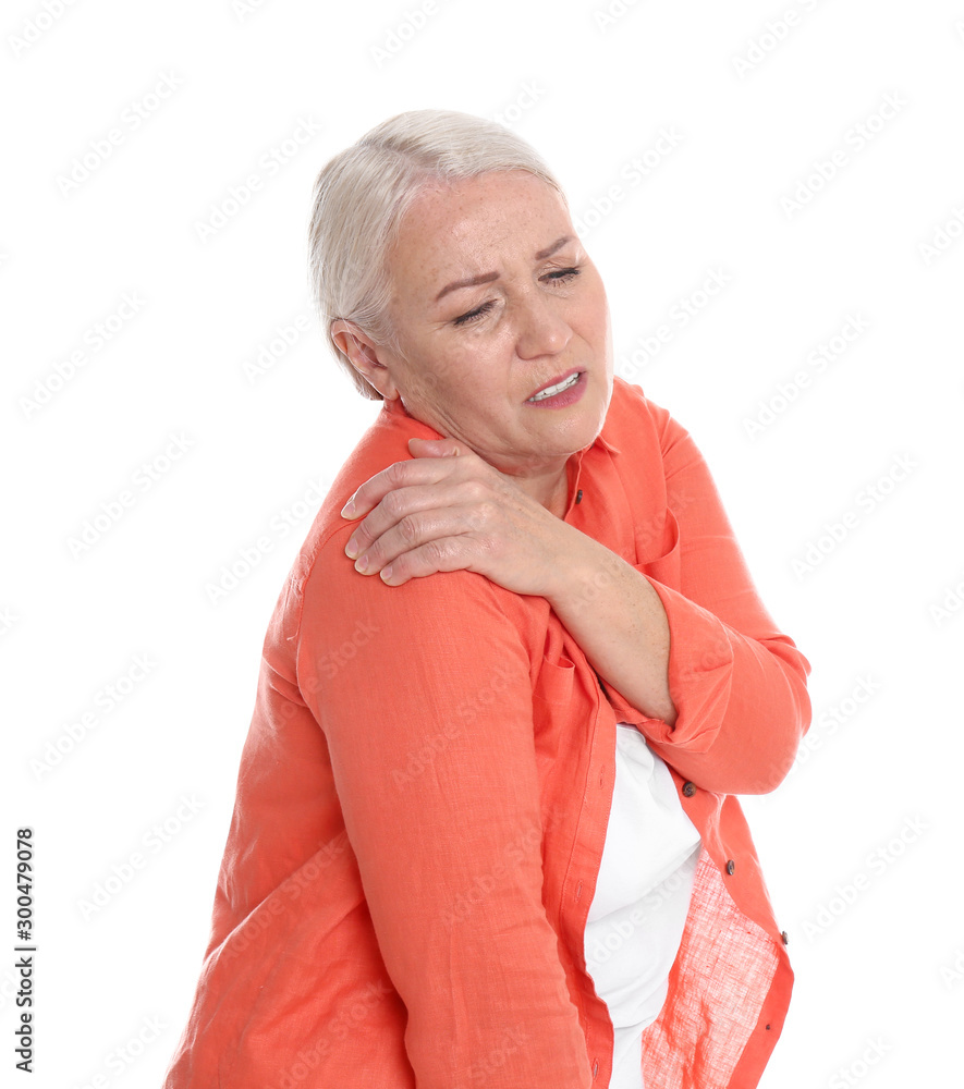 Woman suffering from shoulder pain on white background Woman suffering from shoulder pain on white background