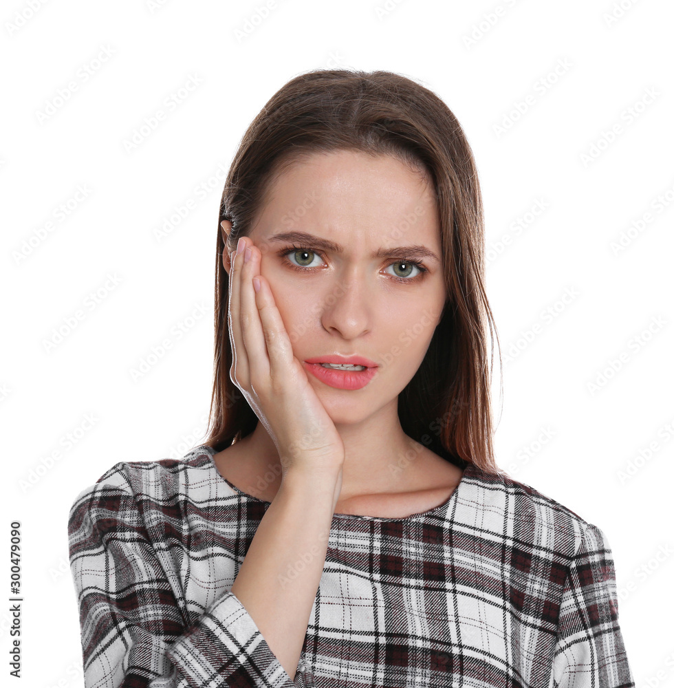 Woman suffering from toothache on white background Woman suffering from toothache on white background