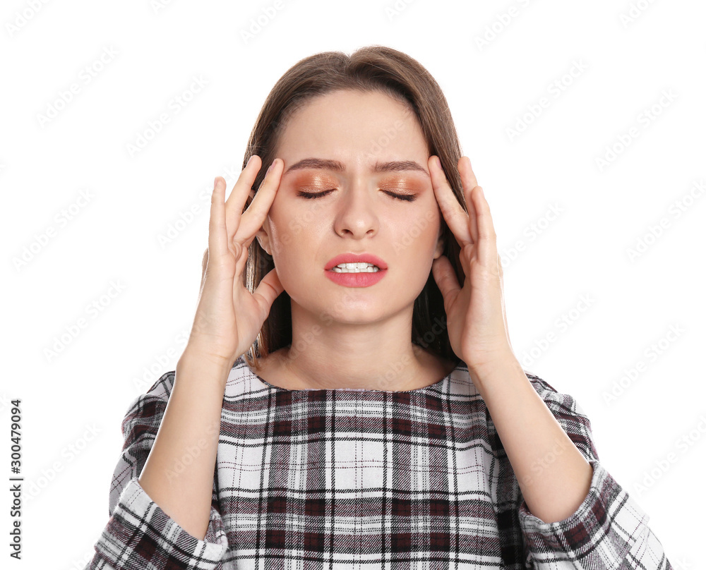 Woman suffering from headache on white background Woman suffering from headache on white background