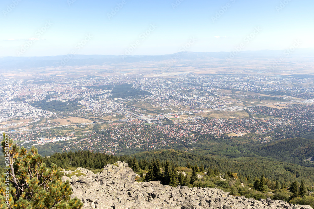 Fototapeta premium Panorama of city of Sofia from Kamen Del Peak, Bulgaria