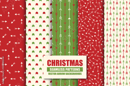 Set of colorful seamless geometric arrow patterns - xmas design. Christmas vector bright ret backgrounds - vint style. Creative trendy endless textures for wrapping paper, covers, wallpapers and etc