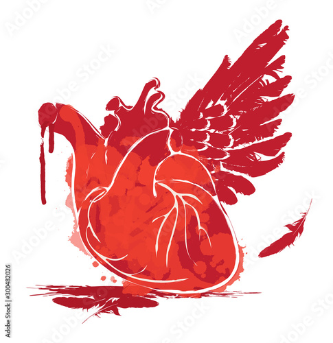 Vector graphic abstract illustration of human heart with one wing and blood on white background. Red heart with ink blots, bloody drops and drips. Graffiti, tattoo, t-shirt design template