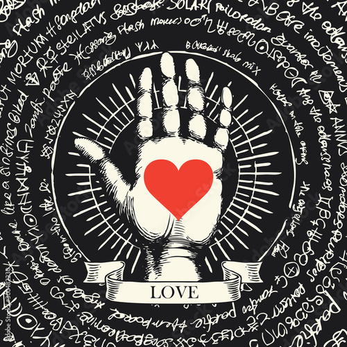 Vector illustration on love theme with open hand and red heart in retro style. Hand-drawn human palm with ancient unreadable scribbles written in a circle on a black background