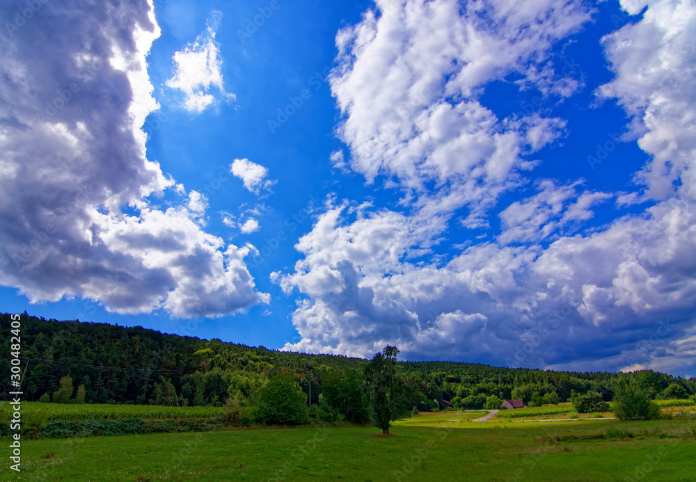 Beautiful sky with clouds over field near forest Beautiful sky with clouds over field near forest