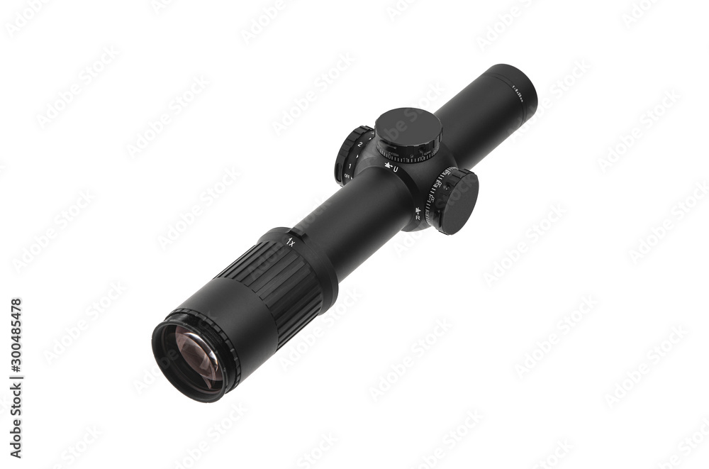 Modern optical sight for sniper and hunting rifles isolated on a white back Modern optical sight for sniper and hunting rifles isolated on a white back
