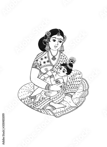 Baby Krishna in the arms of his mother. Devaka and baby Krishna is a black ink drawing on a white background.