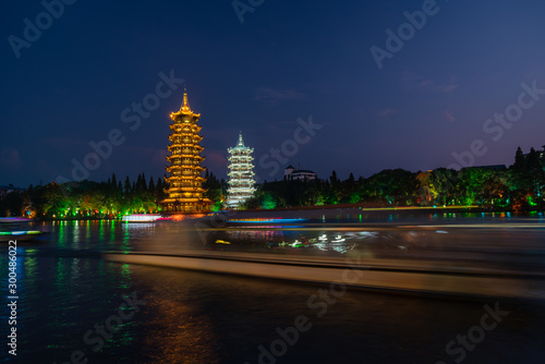 Sun and Moon Pagodas Towers at night
