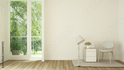 Living room in home and nature view - Relax area in living room and forest view background - Showroom design for residential artwork - 3D Rendering