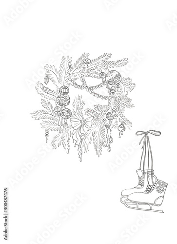 christmas snow wreath and skates