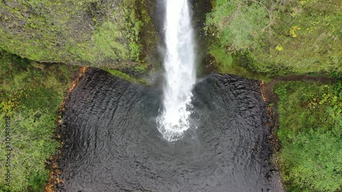 Aerial 4K footage of HorseTail Falls waterfall in Columbia River Gorge, Oregon photo