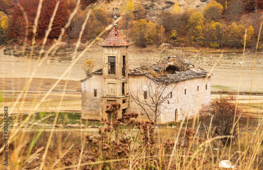 The sinking and demolished church of St. Nicholas in Mavrovo