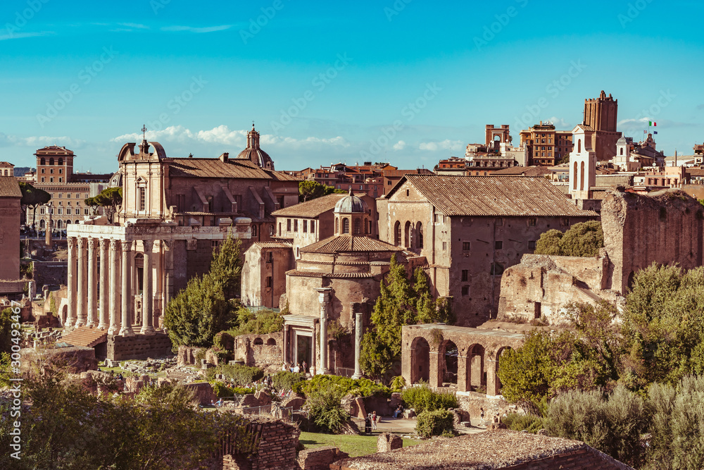 .Overview of Romulus Temple and San Lorenzo Church in the roman forum in Rome