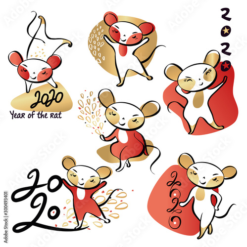 Set template image for Happy new year 2020 with white rat, mice. Lunar horoscope sign year 2020. Funny sketch line  isolate silhouette mouse with long tail. Fun robot style Vector illustration. photo