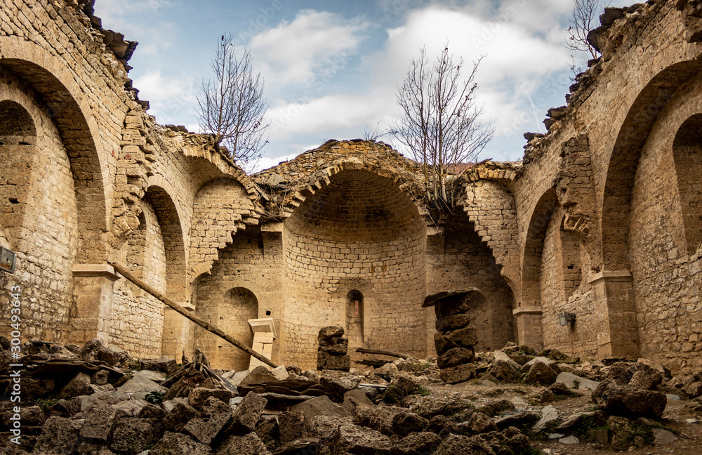 inside the sunken and dilapidated Sveti Nikola church in Mavrovo, Macedonia