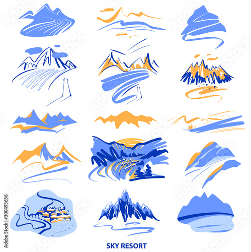 Freehand drawn sketch of the mountain landscape. Ski resort logo. Design element for winter holiday poster, banner. Mountain climbing. Vector illustration.