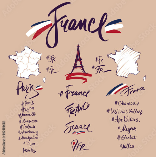 France travel tourism logo. Handwritten name country, town, city. Template isolated word text. Abstract silhouette territory. Design modern lettering, hashtag. Vector illustration