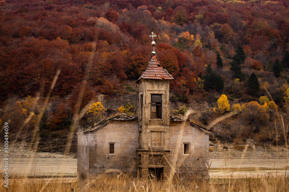 the sunken and destroyed church of St. Nicholas in Mavrovo
