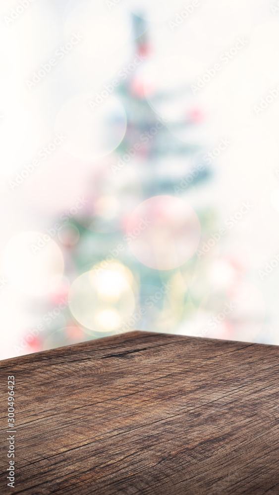 Empty angle brown wood table with abstract Christmas tree decor string  light blur background,Holiday backdrop,Mockup vertical banner for display  of product and advertise on online :9 Stock Photo | Adobe Stock