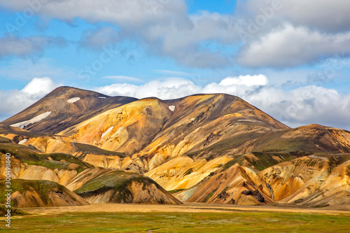 Beautiful and colorful mountain landscape in Landmannalaugar, Iceland. Travel and scenic places to hike..