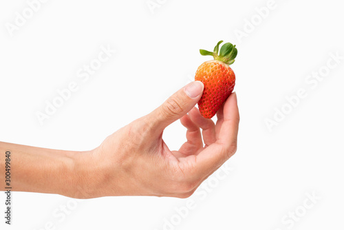 closeup of holding one fresh strawberry in hand with white background