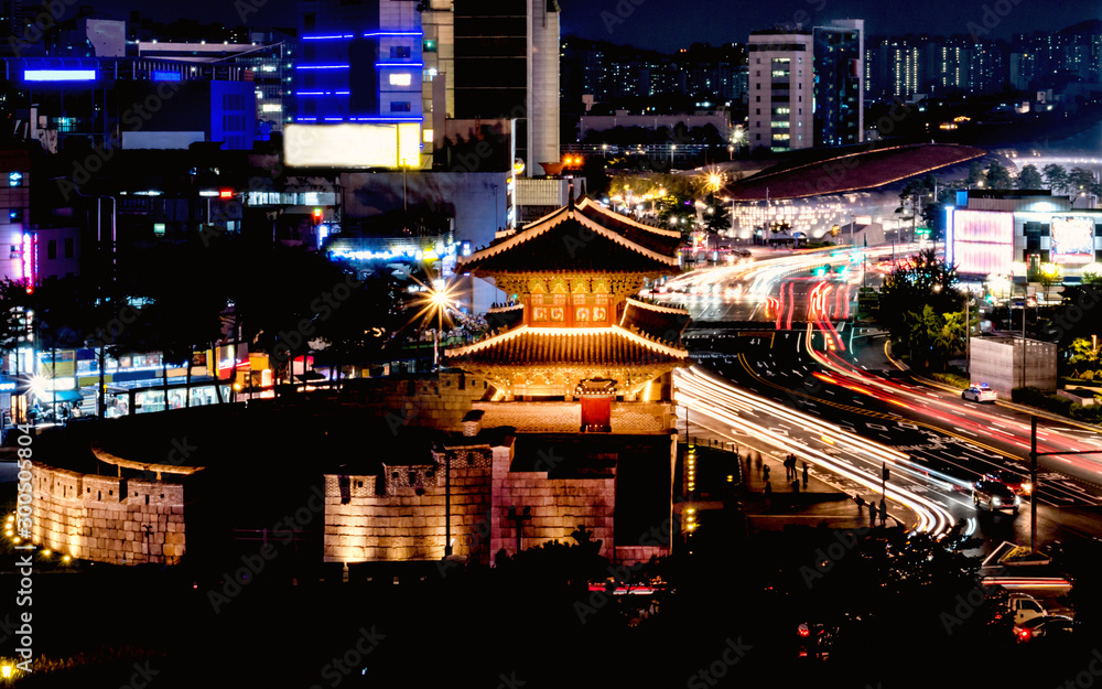 Dongdaemun at night in Seoul, South Korea.