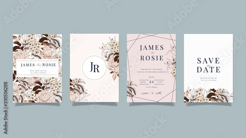 Luxury Wedding Invitation set,  invite thank you, rsvp modern card Design in Golden and white rose with leaf greenery branches  decorative Vector elegant rustic template