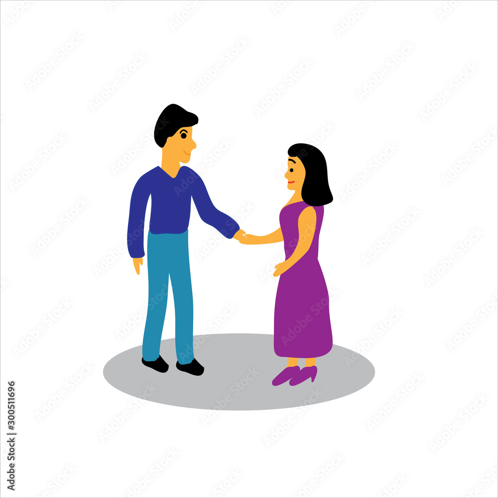 Couple of young people. Man and woman hold hands on a white background. Illustration in a flat style Couple of young people. Man and woman hold hands on a white background. Illustration in a flat style