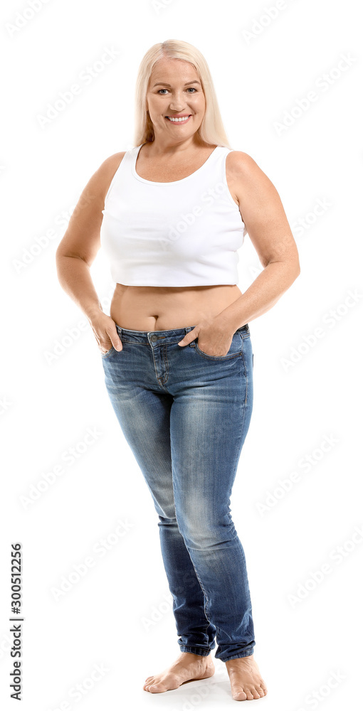 Fototapeta premium Mature body positive woman on white background