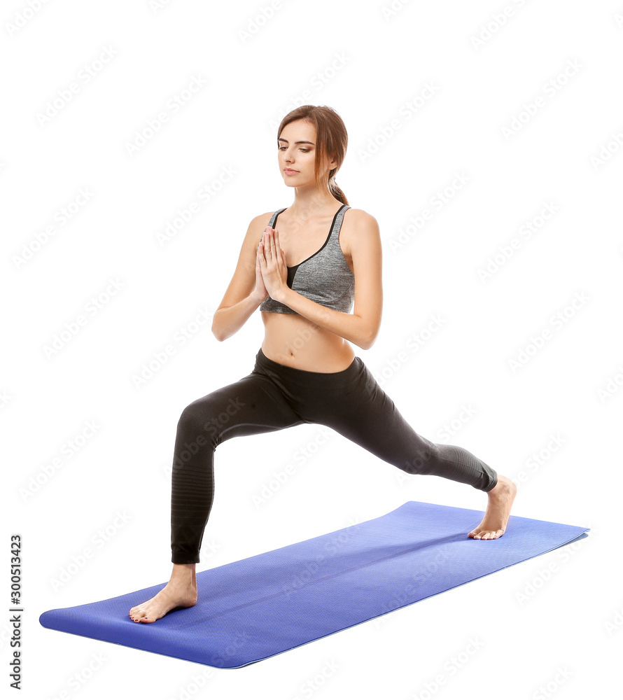 Beautiful young woman practicing yoga on white background Beautiful young woman practicing yoga on white background