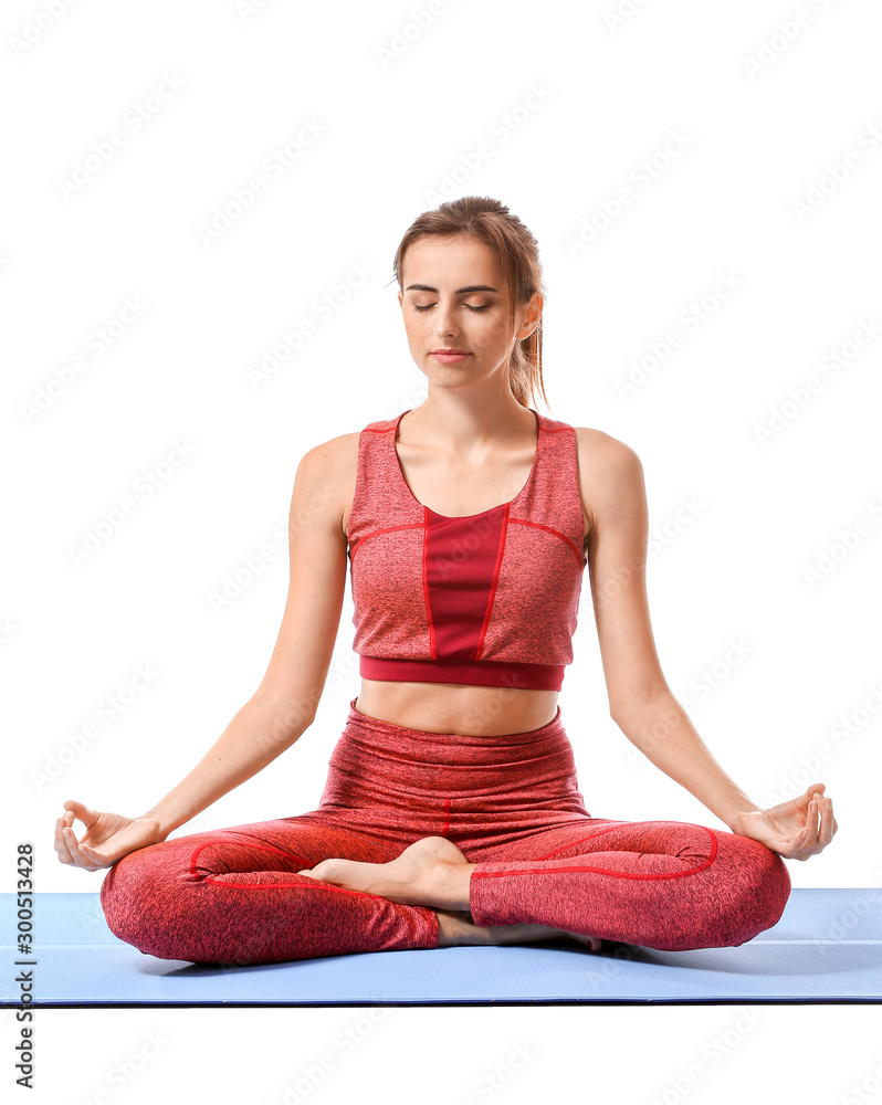 Beautiful young woman practicing yoga on white background Beautiful young woman practicing yoga on white background