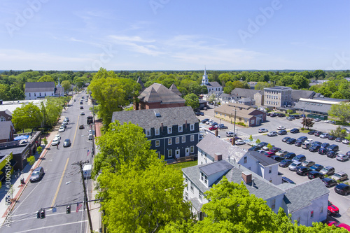 Aerial view of Medfield historic town center and Main Street in summer, Medfield, Boston Metro West area, Massachusetts, USA.