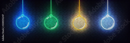 Christmas ball neon icons. Set of realistic colorful Xmas decorations glowing sign