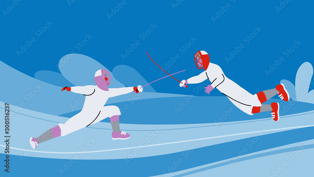 Sport and activity, two fencers playing fencing by using sword attack each other Sport and activity, two fencers playing fencing by using sword attack each other