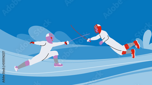 Sport and activity, two fencers playing fencing by using sword attack each other