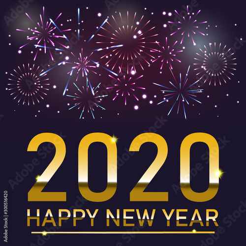 Brightly Colorful Fireworks celebration on twilight colorful fireworks vector with greeting Happy new year 2020 on dark blue purple background with sparking bokehs.