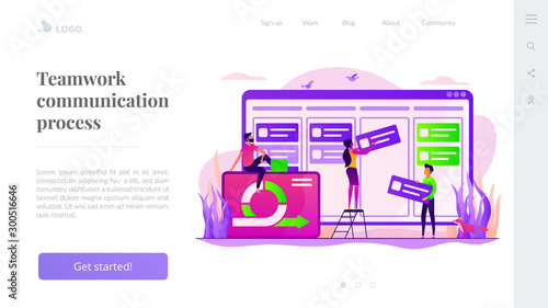 Work schedule organization, time planning and workflow managing. Kanban board, teamwork communication process, agile project management concept. Website homepage header landing web page template.