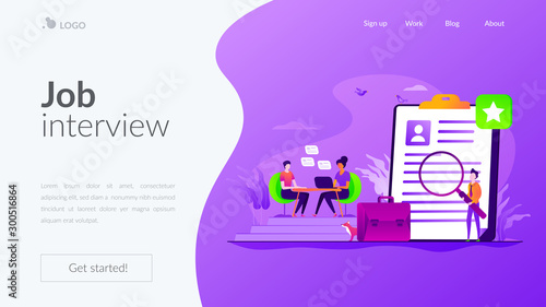 Candidate sourcing, resume research. Applying for position at company. Job interview, employment process, choosing a candidate concept. Website homepage header landing web page template.