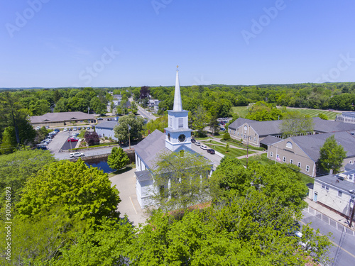 Aerial view of Unitarian Church at Medfield historic town center on Main Street in summer, Medfield, Boston Metro West area, Massachusetts, USA. photo