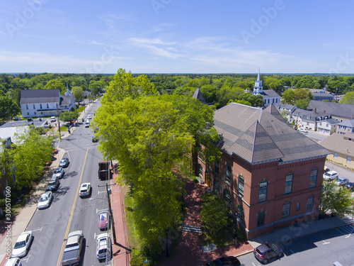 Medfield town hall aerial view on Main Street at the town center of Medfield in Boston Metro West area, Massachusetts, USA. photo