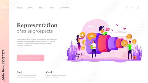 Sales funnel and lead generation. Marketing strategy. Sales pipeline management, representation of sales prospects, customer prospects lifecycle concept. Website homepage header landing web page
