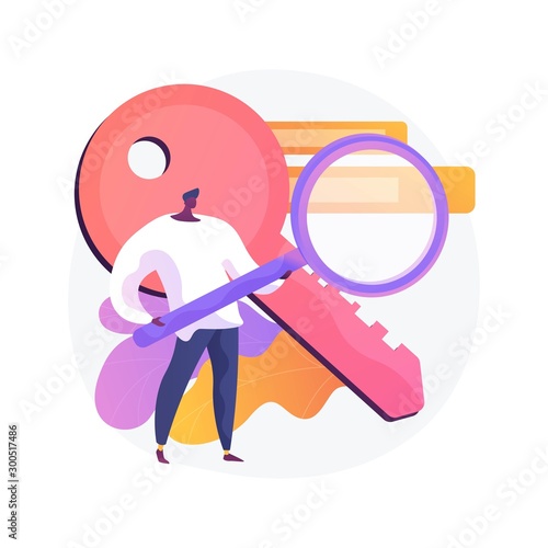 Keywords searching. SEO, content marketing isolated flat design element. Business solution, strategy, planning. Man holding magnifier and key. Vector isolated concept metaphor illustration