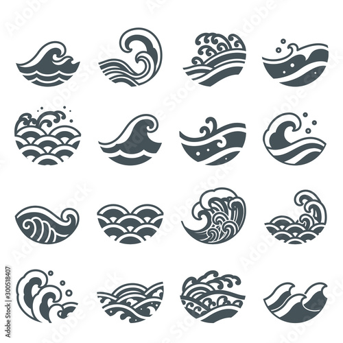 Set of ocean wave icon vector. Modern and traditional sea wave style for logo, surf sports, tattoo.