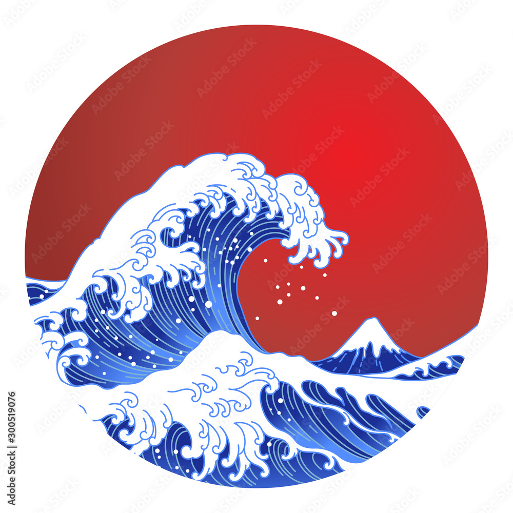 Fototapeta Japan oriental great wave in sun shape vector.