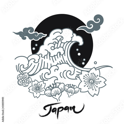Japan symbolic logo with great wave and sakura flowers and oriental cloud and sun. Vector illustration.